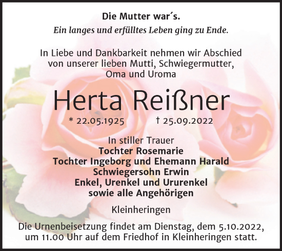 Traueranzeige von Herta Reißner von Wochenspiegel Naumburg/Nebra