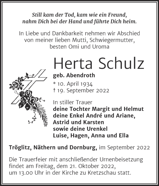 Traueranzeige von Herta Schulz von Trauerkombi Zeitz