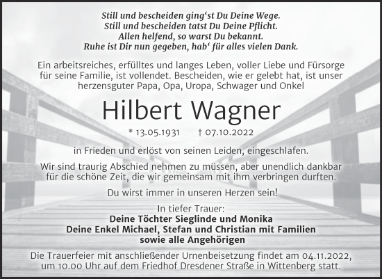 Traueranzeige von Hilbert Wagner von Trauerkombi Wittenberg