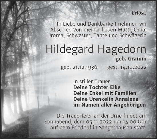 Traueranzeige von Hildegard Hagedorn von Trauerkombi Sangerhausen