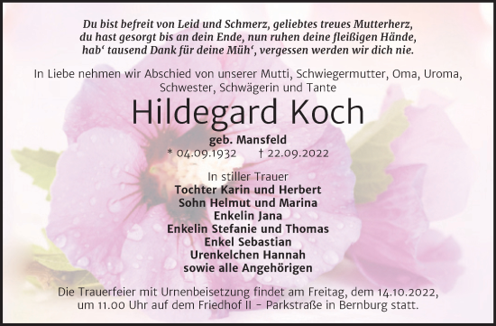 Traueranzeige von Hildegard Koch von Trauerkombi Bernburg