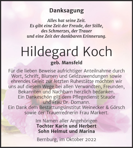 Traueranzeige von Hildegard Koch von Trauerkombi Bernburg