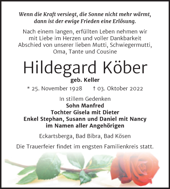 Traueranzeige von Hildegard Köber von Wochenspiegel Naumburg/Nebra