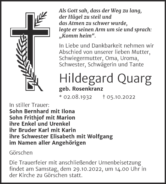Traueranzeige von Hildegard Quarg von Wochenspiegel Naumburg/Nebra