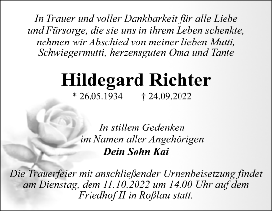 Traueranzeige von Hildegard Richter von Trauerkombi Dessau