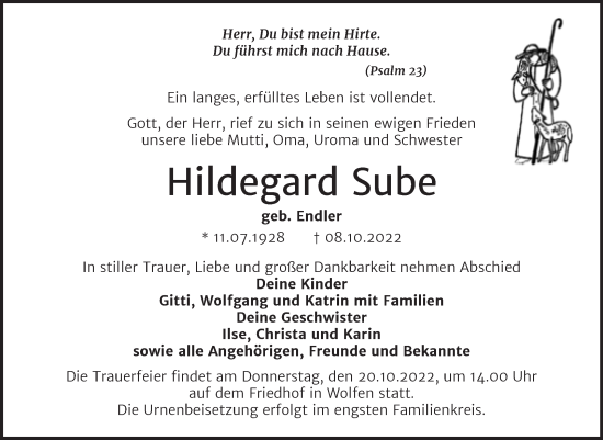 Traueranzeige von Hildegard Sube von Trauerkombi Bitterfeld