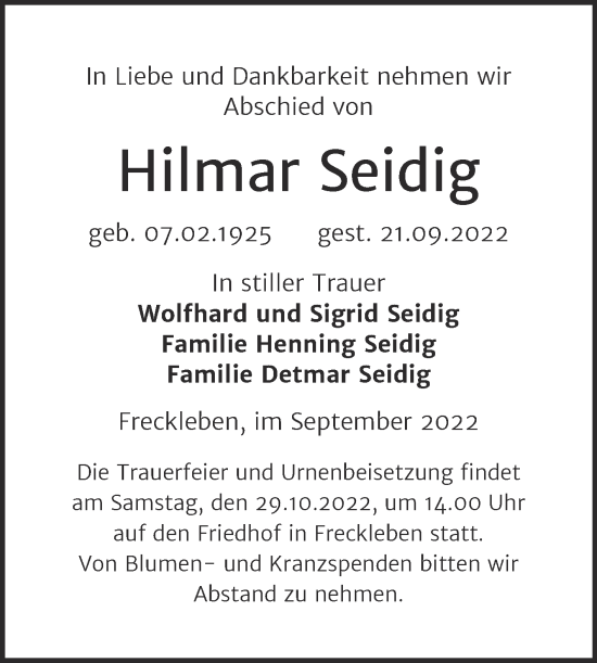 Traueranzeige von Hilmar Seidig von Trauerkombi Aschersleben