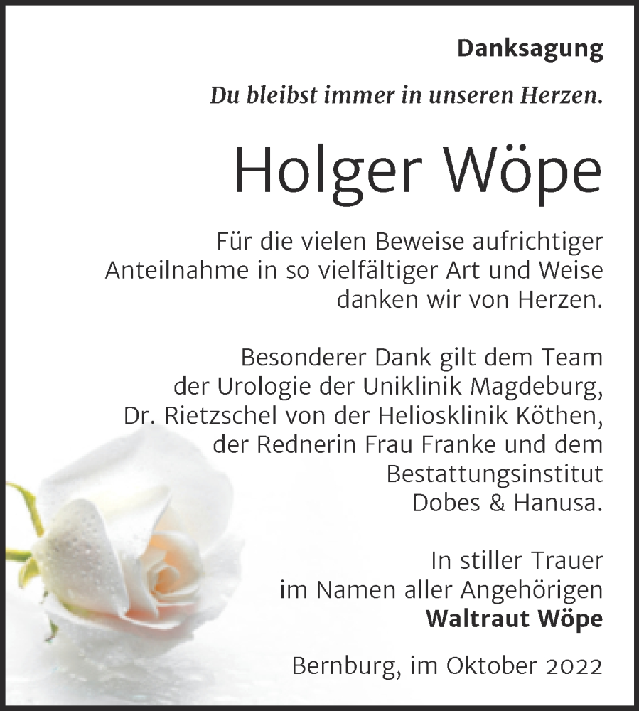  Traueranzeige für Holger Wöpe vom 08.10.2022 aus Trauerkombi Bernburg