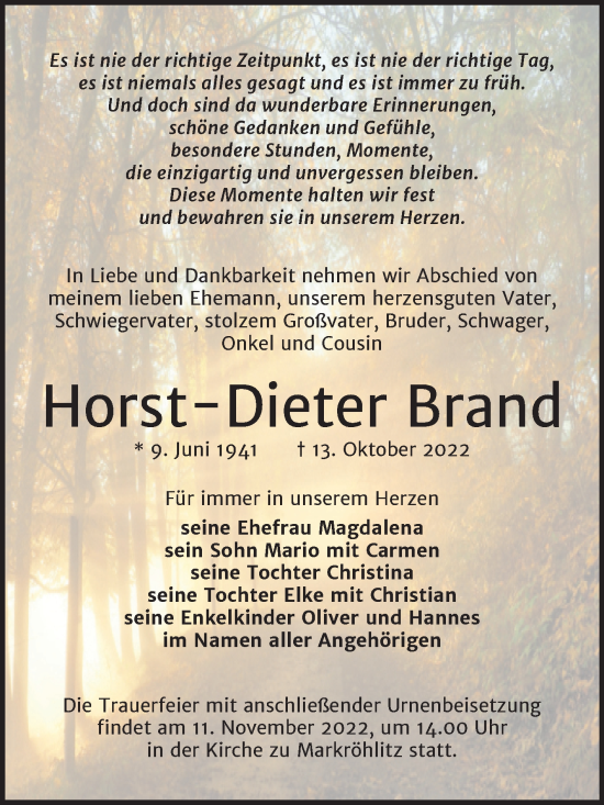 Traueranzeige von Horst-Dieter Brand von Trauerkombi Weißenfels