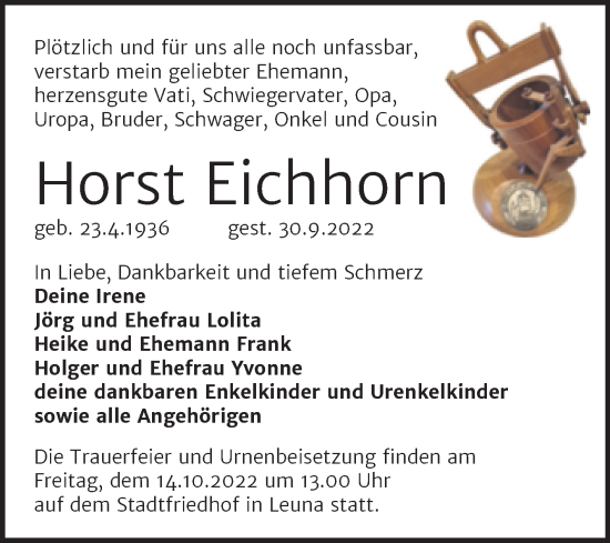 Traueranzeige von Horst Eichhorn von Trauerkombi Merseburg