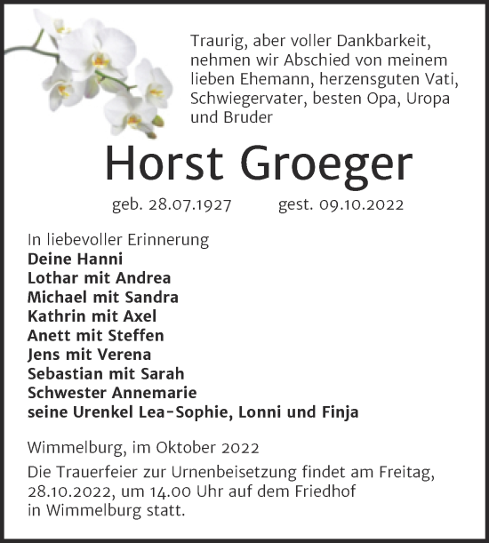 Traueranzeige von Horst Groeger von Trauerkombi Mansfelder Land