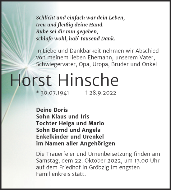 Traueranzeige von Horst Hinsche von Trauerkombi Köthen