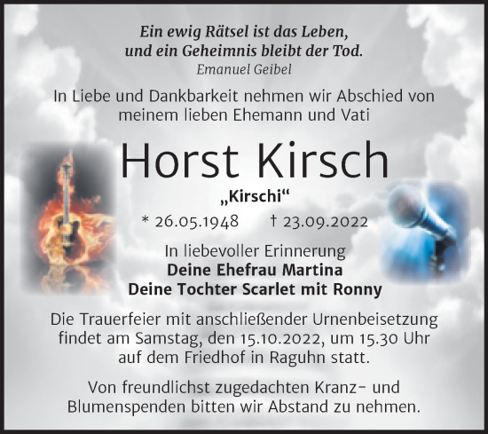 Traueranzeige von Horst Kirsch von Trauerkombi Bitterfeld