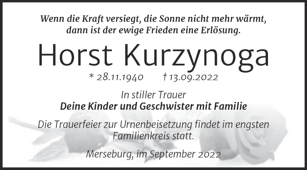  Traueranzeige für Horst Kurzynoga vom 01.10.2022 aus Trauerkombi Merseburg