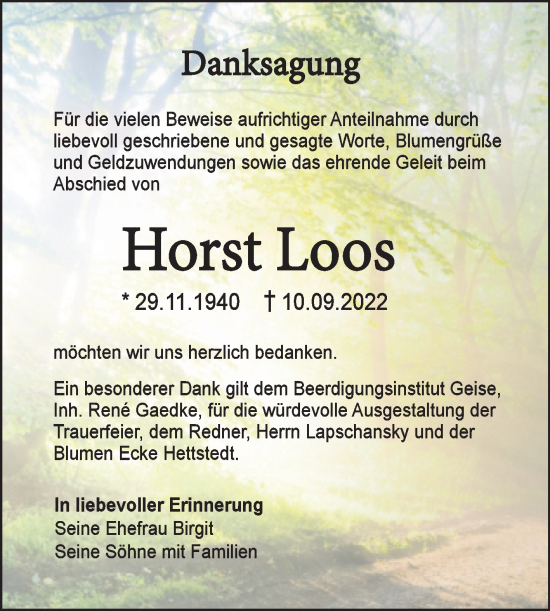 Traueranzeige von Horst Loos von Trauerkombi Köthen