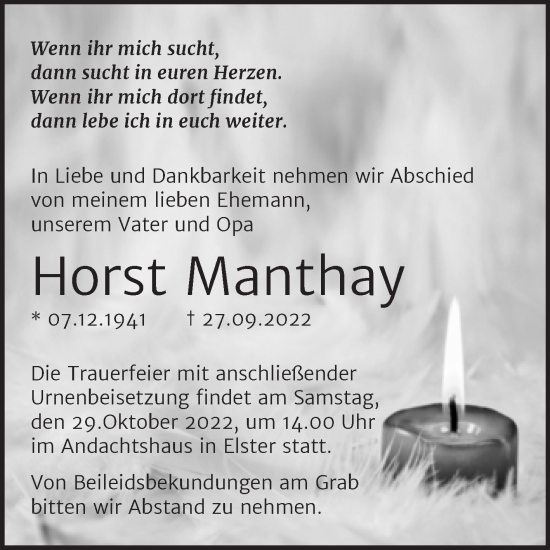 Traueranzeige von Horst Manthay von Trauerkombi Wittenberg