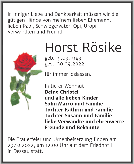 Traueranzeige von Horst Rösike von Trauerkombi Dessau