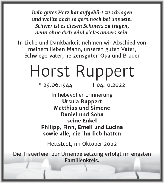 Traueranzeige von Horst Ruppert von Trauerkombi Mansfelder Land