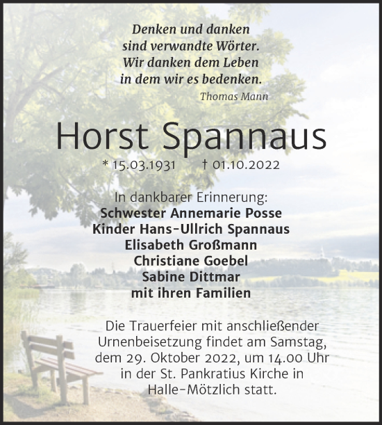 Traueranzeige von Horst Spannaus von Mitteldeutsche Zeitung Halle/Saalkreis