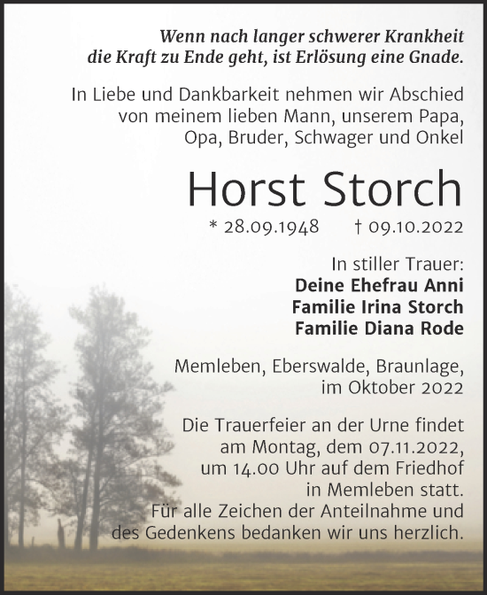 Traueranzeige von Horst Storch von Wochenspiegel Naumburg/Nebra