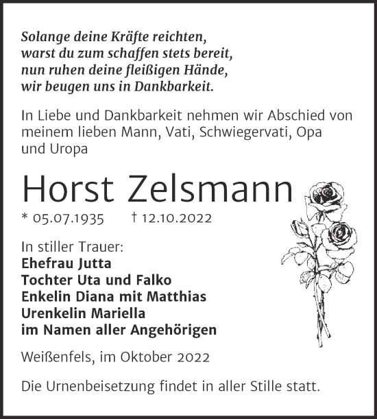 Traueranzeige von Horst Zelsmann von Trauerkombi Weißenfels