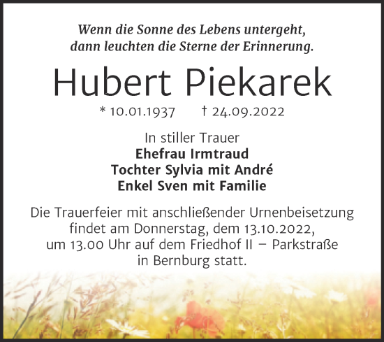 Traueranzeige von Hubert Piekarek von Trauerkombi Bernburg