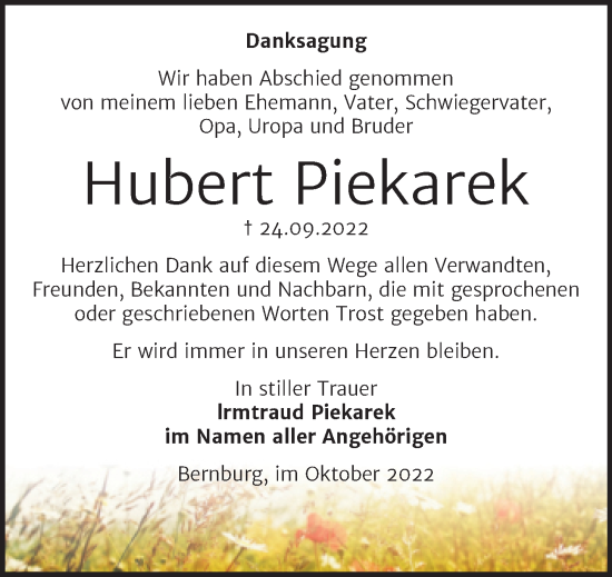 Traueranzeige von Hubert Piekarek von Trauerkombi Bernburg