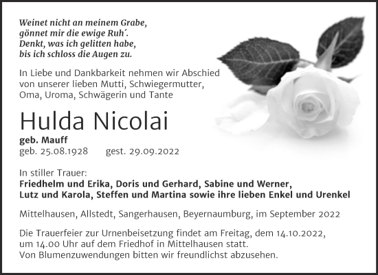 Traueranzeige von Hulda Nicolai von Trauerkombi Sangerhausen