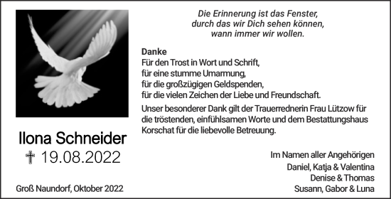 Traueranzeige von Ilona Schneider von Trauerkombi Wittenberg