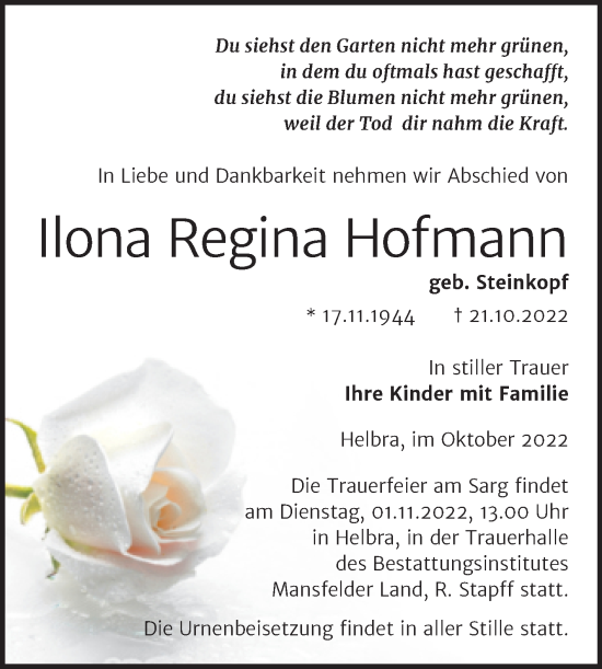 Traueranzeige von Ilona Regina Hofmann von Trauerkombi Mansfelder Land