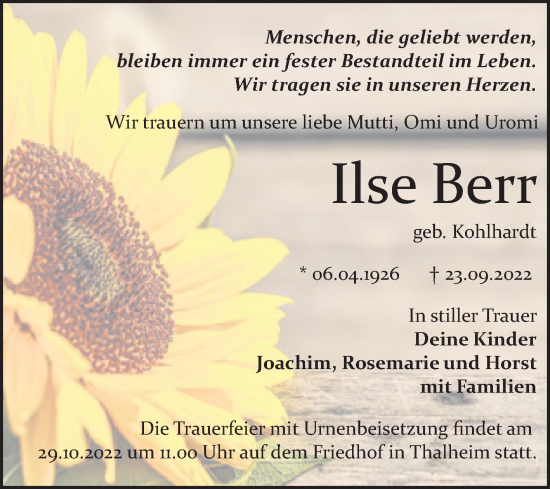 Traueranzeige von Ilse Berr von Trauerkombi Bitterfeld