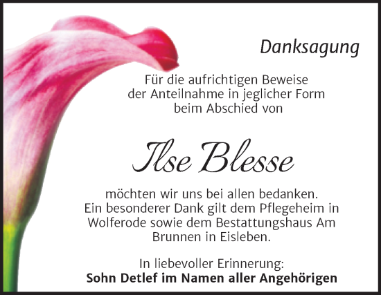 Traueranzeige von Ilse Blesse von Trauerkombi Mansfelder Land