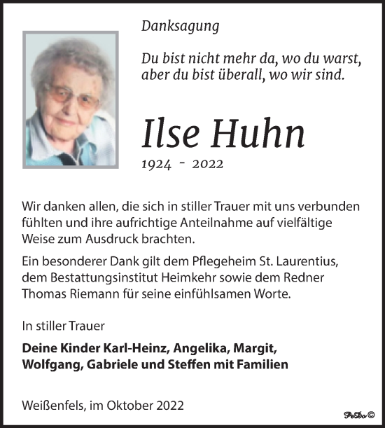 Traueranzeige von Ilse Huhn von Trauerkombi Weißenfels