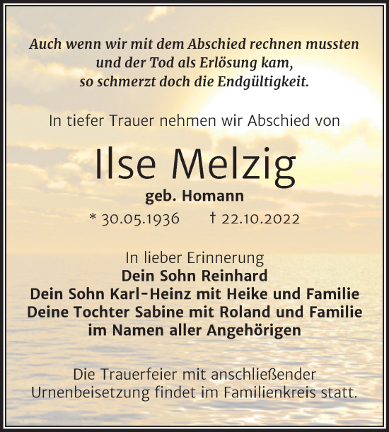 Traueranzeige von Ilse Melzig von Trauerkombi Wittenberg