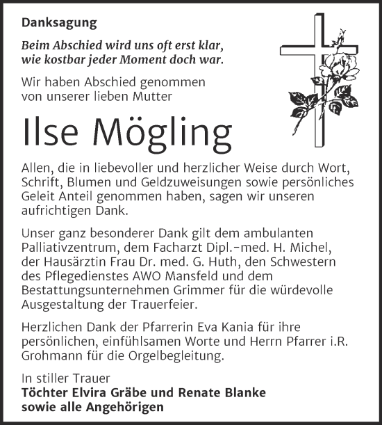 Traueranzeige von Ilse Mögling von Mitteldeutsche Zeitung Mansfelder Land