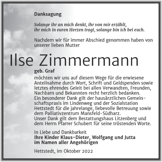 Traueranzeige von Ilse Zimmermann von Trauerkombi Mansfelder Land