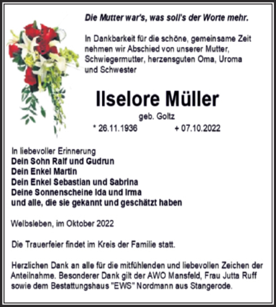 Traueranzeige von Ilselore Müller von Trauerkombi Mansfelder Land