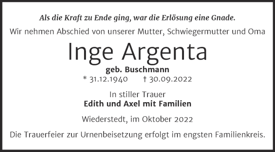 Traueranzeige von Inge Argenta von Trauerkombi Mansfelder Land