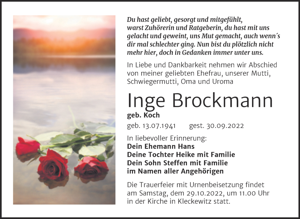  Traueranzeige für Inge Brockmann vom 15.10.2022 aus Trauerkombi Bitterfeld