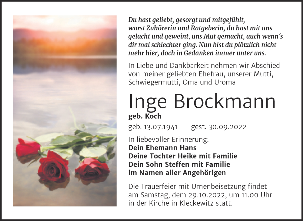  Traueranzeige für Inge Brockmann vom 19.10.2022 aus Trauerkombi Bitterfeld