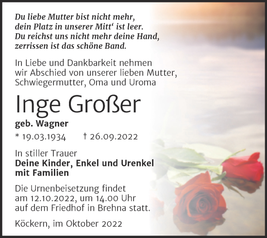 Traueranzeige von Inge Großer von Trauerkombi Bitterfeld