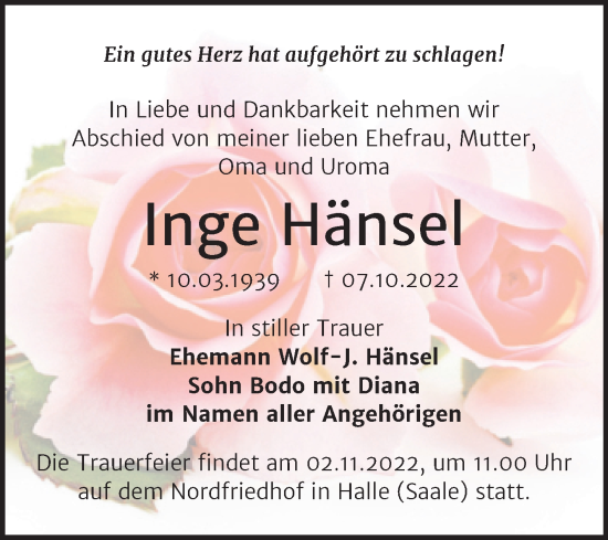 Traueranzeige von Inge Hänsel von Mitteldeutsche Zeitung Halle/Saalkreis