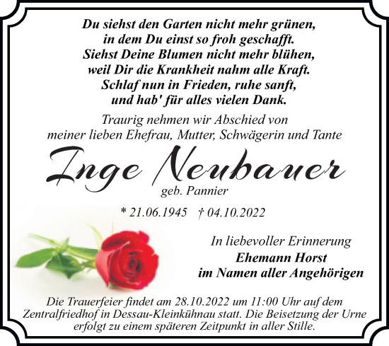 Traueranzeige von Inge Neubauer von Trauerkombi Dessau