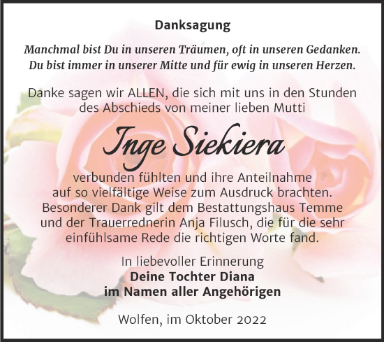 Traueranzeige von Inge Siekiera von Trauerkombi Bitterfeld