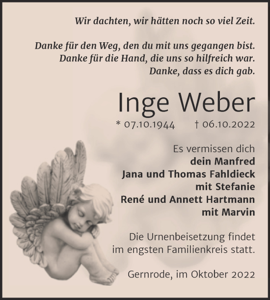 Traueranzeige von Inge Weber von Trauerkombi Quedlinburg