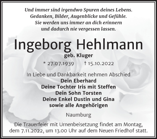 Traueranzeige von Ingeborg Hehlmann von Wochenspiegel Naumburg/Nebra