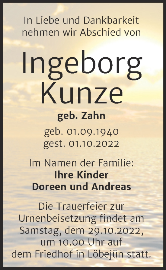 Traueranzeige von Ingeborg Kunze von Mitteldeutsche Zeitung Halle/Saalkreis