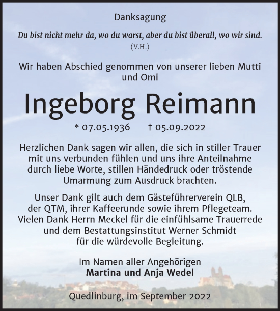 Traueranzeige von Ingeborg Reimann von Trauerkombi Quedlinburg