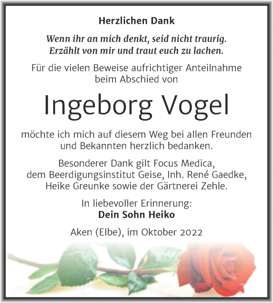 Traueranzeige von Ingeborg Vogel von Trauerkombi Köthen