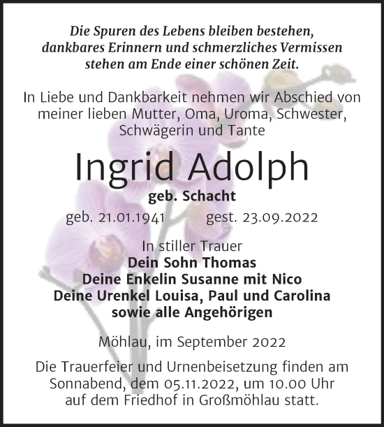 Traueranzeige von Ingrid Adolph von Trauerkombi Wittenberg